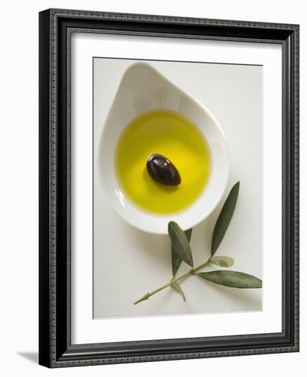 Olive Oil with Olive in Bowl, Olive Branch Beside It-null-Framed Photographic Print