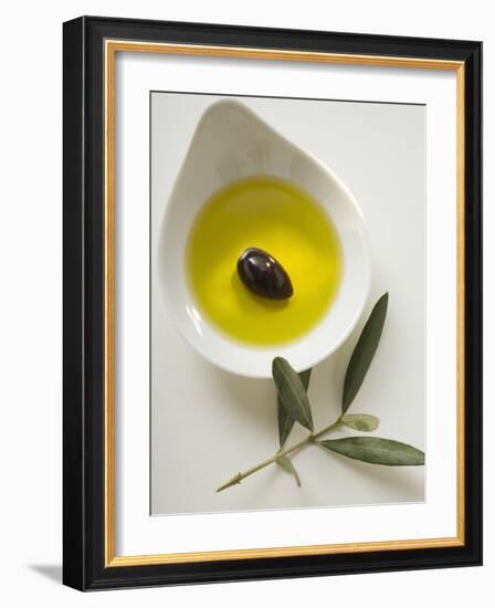 Olive Oil with Olive in Bowl, Olive Branch Beside It-null-Framed Photographic Print