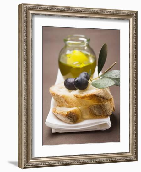 Olive Sprig with Black Olives on White Bread, Olive Oil Behind-null-Framed Photographic Print