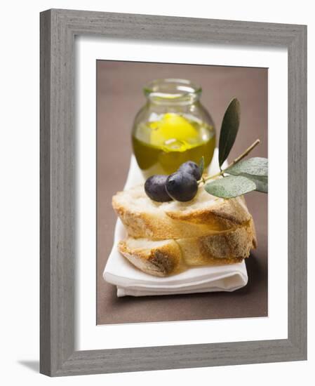 Olive Sprig with Black Olives on White Bread, Olive Oil Behind-null-Framed Photographic Print