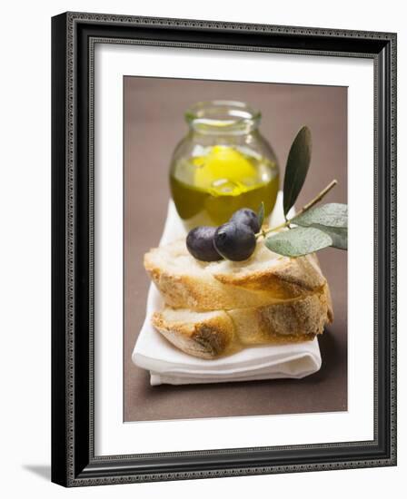 Olive Sprig with Black Olives on White Bread, Olive Oil Behind-null-Framed Photographic Print