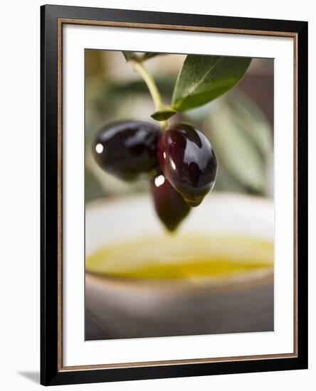 Olive Sprig with Black Olives over Bowl of Olive Oil-null-Framed Photographic Print