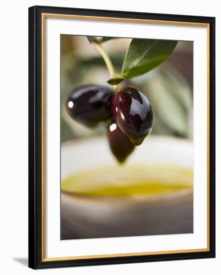 Olive Sprig with Black Olives over Bowl of Olive Oil-null-Framed Photographic Print