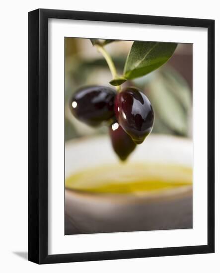Olive Sprig with Black Olives over Bowl of Olive Oil-null-Framed Photographic Print