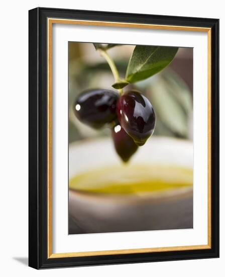 Olive Sprig with Black Olives over Bowl of Olive Oil-null-Framed Photographic Print