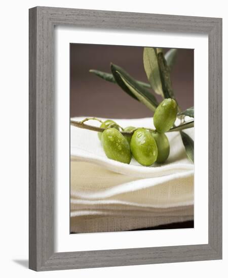 Olive Sprig with Green Olives on Linen Cloth-null-Framed Photographic Print