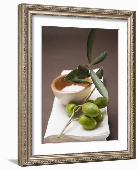 Olive Sprig with Green Olives, Sea Salt in Terracotta Bowl-null-Framed Photographic Print