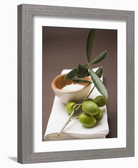 Olive Sprig with Green Olives, Sea Salt in Terracotta Bowl-null-Framed Photographic Print