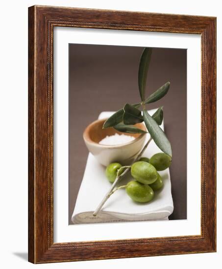 Olive Sprig with Green Olives, Sea Salt in Terracotta Bowl-null-Framed Photographic Print