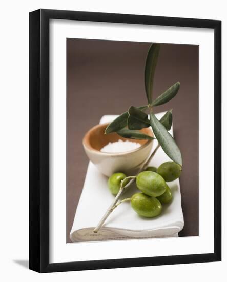 Olive Sprig with Green Olives, Sea Salt in Terracotta Bowl-null-Framed Photographic Print