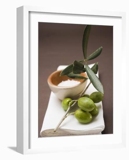 Olive Sprig with Green Olives, Sea Salt in Terracotta Bowl-null-Framed Photographic Print