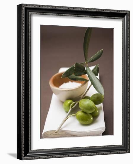 Olive Sprig with Green Olives, Sea Salt in Terracotta Bowl-null-Framed Photographic Print