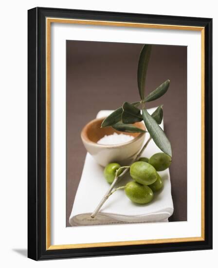 Olive Sprig with Green Olives, Sea Salt in Terracotta Bowl-null-Framed Photographic Print