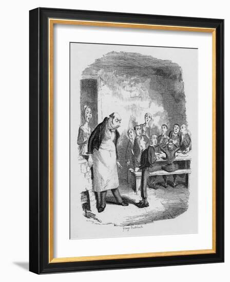 Oliver Asking for More, from 'The Adventures of Oliver Twist' by Charles Dickens-George Cruikshank-Framed Giclee Print