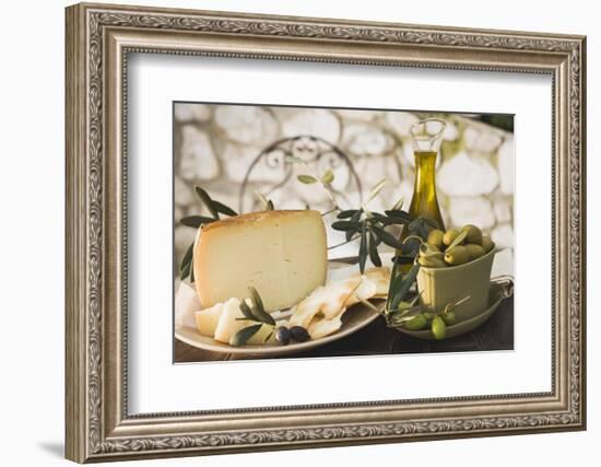 Olives, Cheese, Crackers and Olive Oil on Table Out of Doors-Foodcollection-Framed Photographic Print