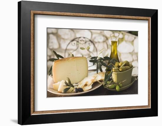 Olives, Cheese, Crackers and Olive Oil on Table Out of Doors-Foodcollection-Framed Photographic Print