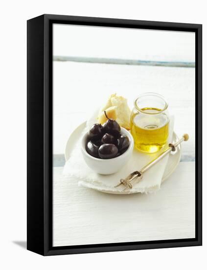 Olives, Olive Oil and White Bread-null-Framed Premier Image Canvas