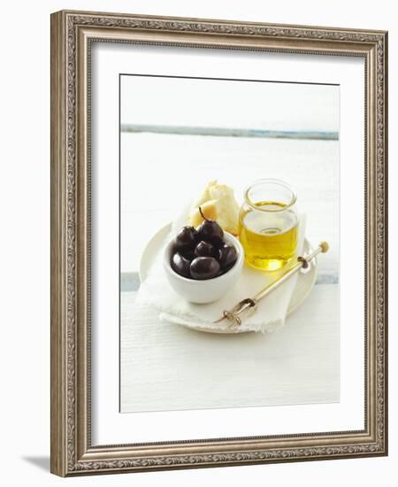 Olives, Olive Oil and White Bread-null-Framed Photographic Print