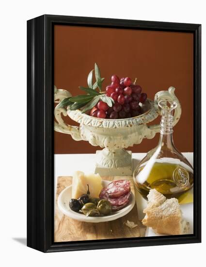 Olives, Sausage, Parmesan, Bread, Olive Oil and Red Grapes-null-Framed Premier Image Canvas