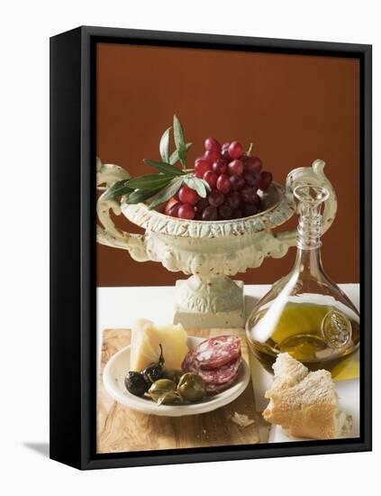 Olives, Sausage, Parmesan, Bread, Olive Oil and Red Grapes-null-Framed Premier Image Canvas