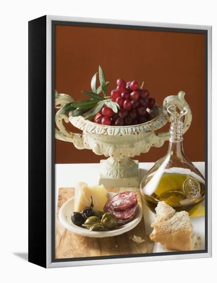 Olives, Sausage, Parmesan, Bread, Olive Oil and Red Grapes-null-Framed Premier Image Canvas