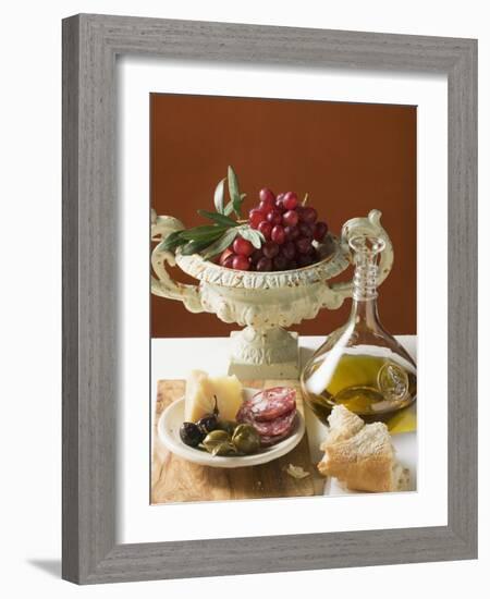 Olives, Sausage, Parmesan, Bread, Olive Oil and Red Grapes-null-Framed Photographic Print