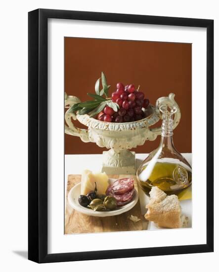 Olives, Sausage, Parmesan, Bread, Olive Oil and Red Grapes-null-Framed Photographic Print
