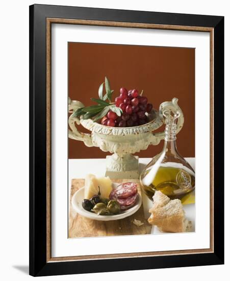 Olives, Sausage, Parmesan, Bread, Olive Oil and Red Grapes-null-Framed Photographic Print