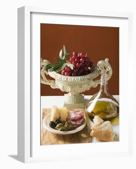 Olives, Sausage, Parmesan, Bread, Olive Oil and Red Grapes-null-Framed Photographic Print