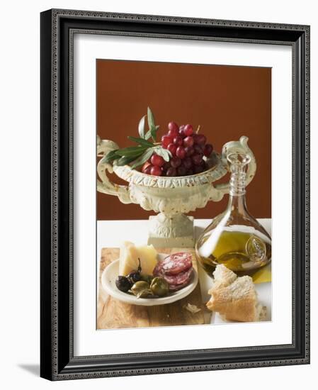 Olives, Sausage, Parmesan, Bread, Olive Oil and Red Grapes-null-Framed Photographic Print