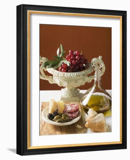 Olives, Sausage, Parmesan, Bread, Olive Oil and Red Grapes-null-Framed Photographic Print