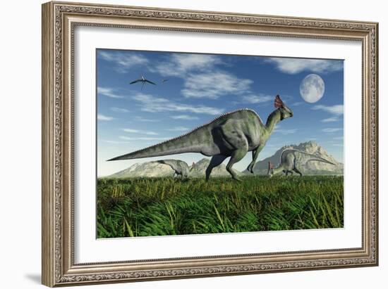 Olorotitan Duckbill Dinosaurs Grazing-null-Framed Art Print