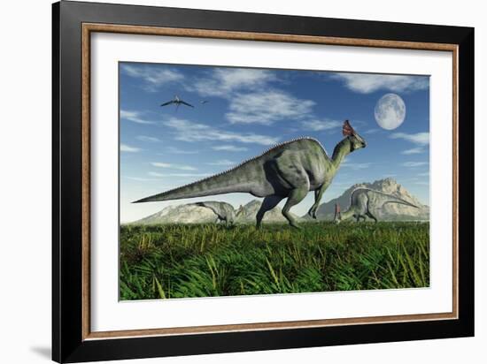 Olorotitan Duckbill Dinosaurs Grazing-null-Framed Art Print