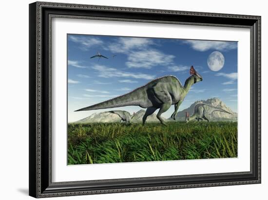 Olorotitan Duckbill Dinosaurs Grazing-null-Framed Art Print