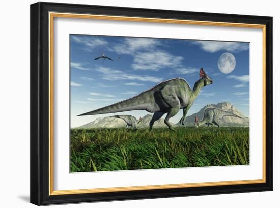 Olorotitan Duckbill Dinosaurs Grazing-null-Framed Art Print