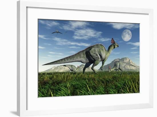 Olorotitan Duckbill Dinosaurs Grazing-null-Framed Art Print