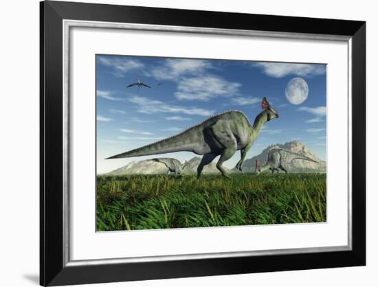 Olorotitan Duckbill Dinosaurs Grazing-null-Framed Art Print