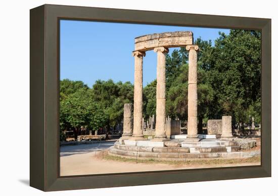 Olympia, Peloponnese, Greece. Ancient Olympia. The Philippeion, 4th century BC. Remains of a cir...-null-Framed Premier Image Canvas