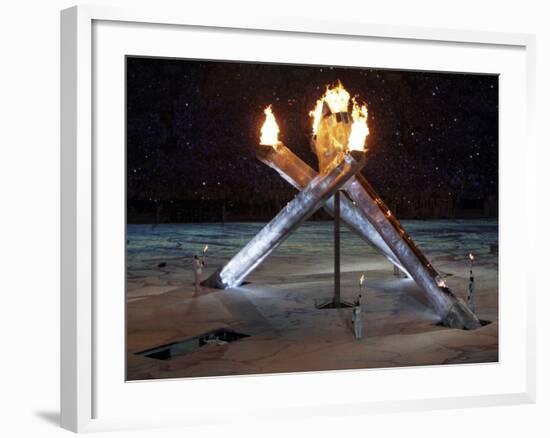 Olympic Flame During the Opening Ceremony for the Vancouver 2010 Olympics-null-Framed Photographic Print