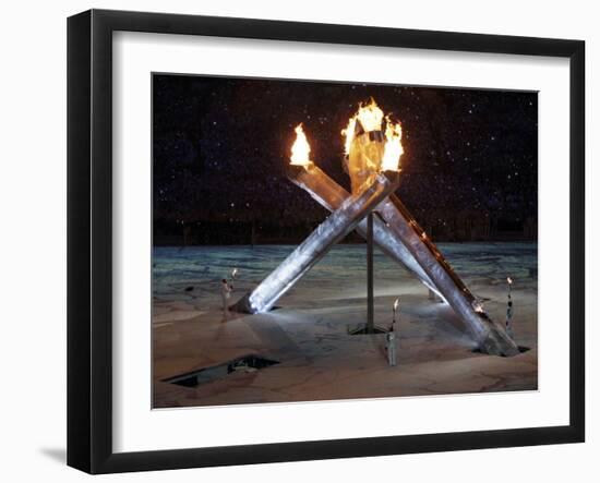 Olympic Flame During the Opening Ceremony for the Vancouver 2010 Olympics-null-Framed Photographic Print