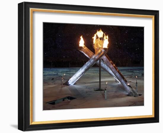 Olympic Flame During the Opening Ceremony for the Vancouver 2010 Olympics-null-Framed Photographic Print