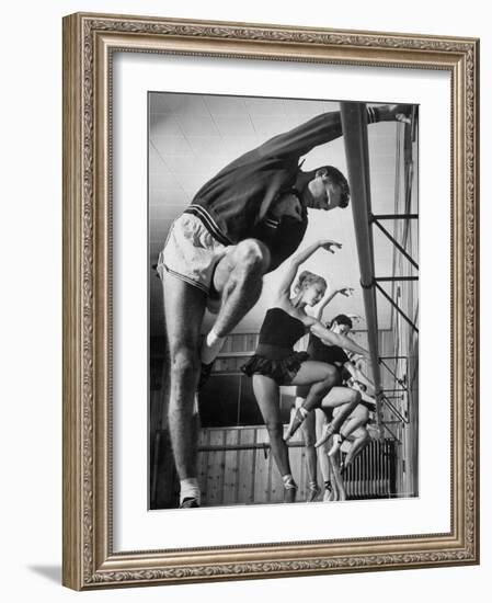 Olympic High Jumper Walter Davis Doing Ballet Exercises in Class of Women Dancers-John Dominis-Framed Premium Photographic Print