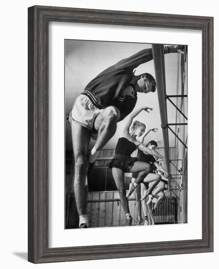 Olympic High Jumper Walter Davis Doing Ballet Exercises in Class of Women Dancers-John Dominis-Framed Premium Photographic Print