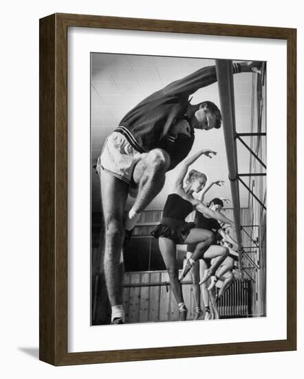 Olympic High Jumper Walter Davis Doing Ballet Exercises in Class of Women Dancers-John Dominis-Framed Premium Photographic Print