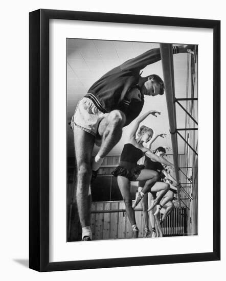 Olympic High Jumper Walter Davis Doing Ballet Exercises in Class of Women Dancers-John Dominis-Framed Premium Photographic Print