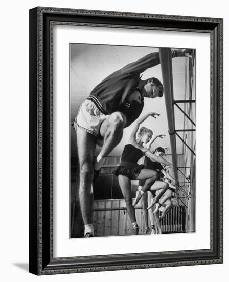 Olympic High Jumper Walter Davis Doing Ballet Exercises in Class of Women Dancers-John Dominis-Framed Premium Photographic Print