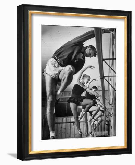 Olympic High Jumper Walter Davis Doing Ballet Exercises in Class of Women Dancers-John Dominis-Framed Premium Photographic Print