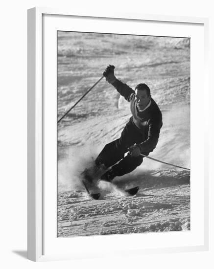 Olympic Hopeful, Tom Corcoran, Demonstrating Down Hill Turn, at Sun Valley Training Camp-null-Framed Premium Photographic Print