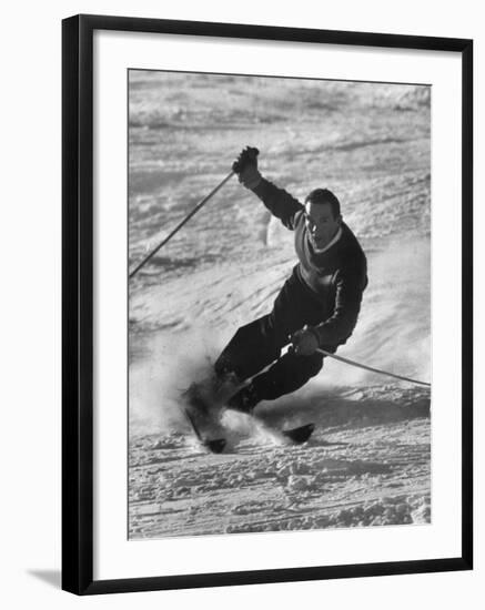 Olympic Hopeful, Tom Corcoran, Demonstrating Down Hill Turn, at Sun Valley Training Camp-null-Framed Premium Photographic Print