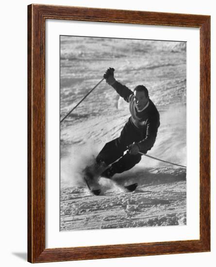 Olympic Hopeful, Tom Corcoran, Demonstrating Down Hill Turn, at Sun Valley Training Camp-null-Framed Premium Photographic Print